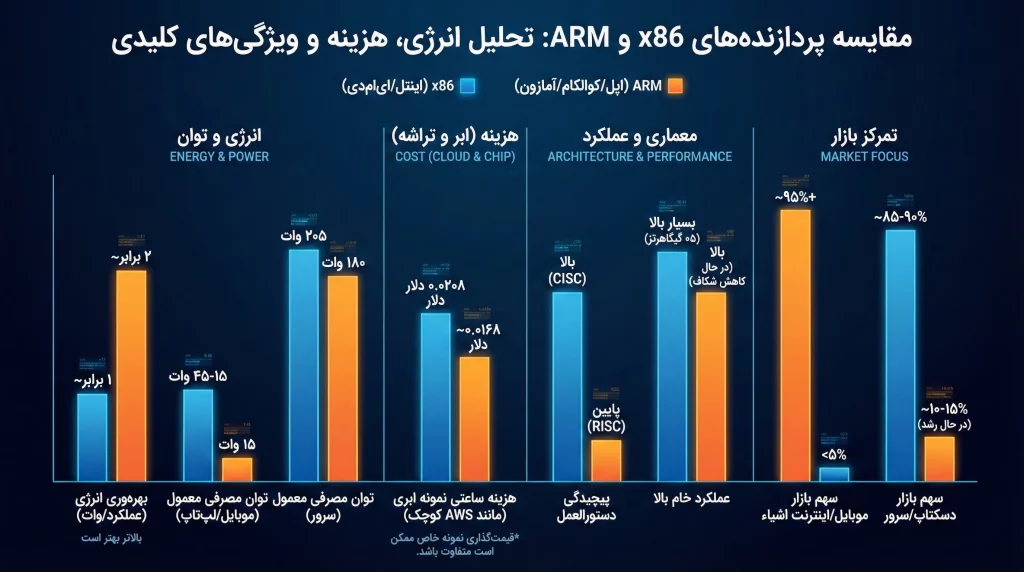 جدول مقایسه فاکتورهای هزینه، معماری و مصرف پردازنده های arm در برابر x86